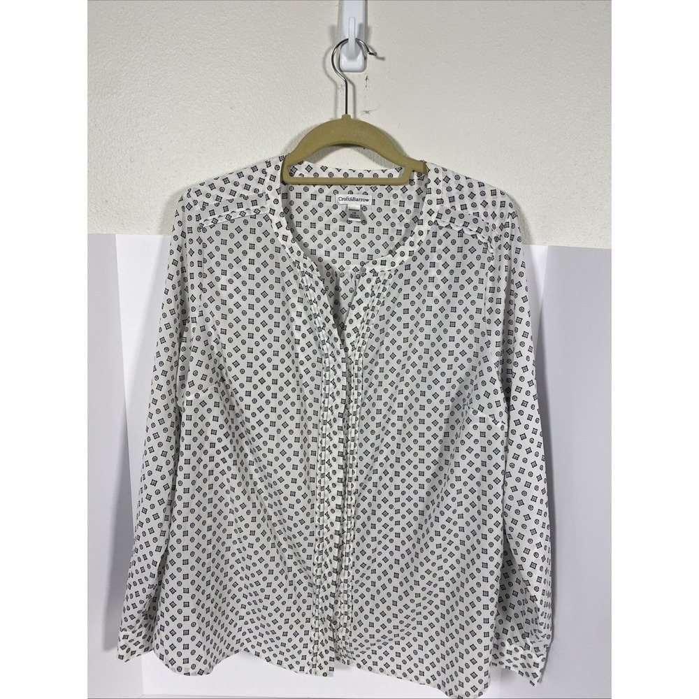 Croft & Barrow Shirt Womens Plus 1X White Geometric Button Up Blouse V-neck R1